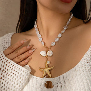 Women's Gold Starfish White Conch Pendant Irregular Pearl Beach Necklace