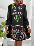 V-neck Bell Sleeve Lace Spliced Printed Dress for Women