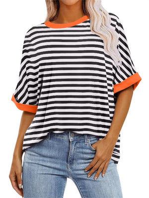 Pullover Round Neck Striped Colorblocked Women's T-shirt