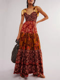 French Retro Floral Print Strappy Midi Dress for Lady