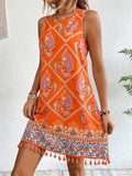 Ladies Print Tassels Hem Sleeveless Dresses for Vacation