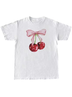 Super Cute Cherry Bowknot Print Summer T-shirts for Women