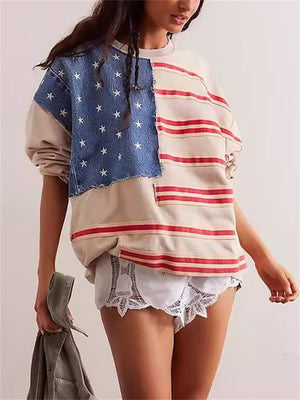 Female American Flag Personality Patchwork Lazy Pullover Sweatshirts