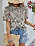 Ladies Floral Embroidered Leaf Print Puff Sleeve T-shirts