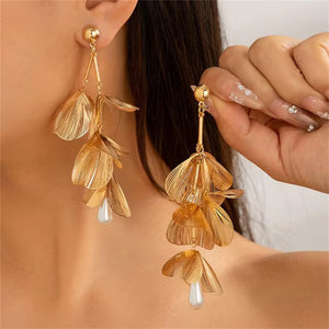 French Style Multiple Leaves Faux Pearl Drop Earrings for Lady