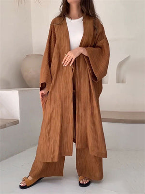 Elegant Pleated Texture Long Shirt + Loose Pants for Lady