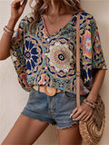 Women's V-Neck Batwing Sleeve Ethnic Floral Printed Blouse