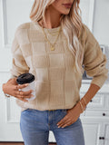 Checked Round Neck Long Sleeve Knitted Sweaters for Women