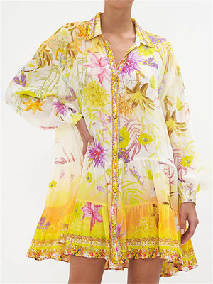 Women's Lapel Long Sleeve Floral Chiffon Dress