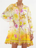 Women's Lapel Long Sleeve Floral Chiffon Dress