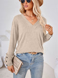 Buttoned Cuffs V-Neck Basic T-Shirts for Ladies