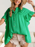 Leisure Button Up Ruffle Short Sleeve Shirt for Women