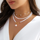 Female OT Buckle Multilayer Faux Pearl Pendant Necklace