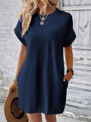 Holiday Simple Round Neck Batwing Short Sleeve Mini Dress for Lady