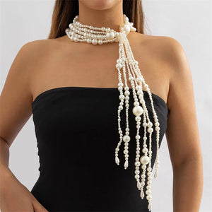 Fashionable Party Imitation Pearl Tassel Necklace for Women