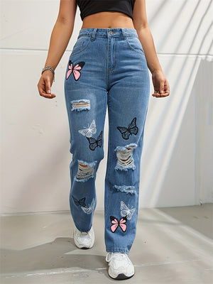 Chic Butterfly Print Ripped Blue Jeans for Women
