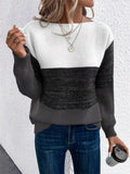 Female Color Contrast Patchwork Round Neck Pullover Sweater