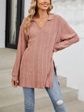 V Neck Striped Texture Side Split Fitted Shirt for Women