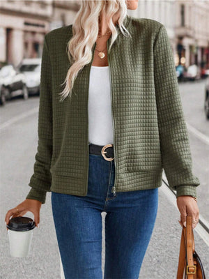 Fashionable Plaid Stand Collar Zipper Jacket for Women