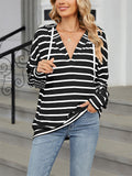 Classic Stripe V Neck Drawstring Hoodies for Women