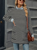 Autumn Slim Fit Long Sleeve High Collar Stripe Shirt for Women