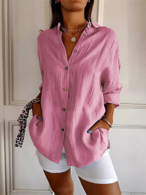 Women's Pleated Single Breasted Long Sleeve Lapel Blouses