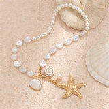 Women's Gold Starfish White Conch Pendant Irregular Pearl Beach Necklace