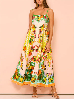 Female Stylish Lively Sleeveless Fruit Print Strappy Dresses