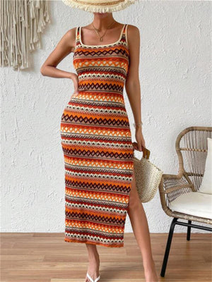 Retro Multicolor Stripes Square Neck Bodycorn Dress for Women