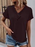 Women's V Neck Decorative Buttons Short Sleeve Fit T-shirt