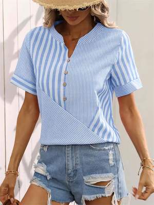 Leisure V Neck Stripe Patchwork Design Short Sleeve Shirt for Women