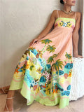 Summer Floral Coconut Tree Print High Waist Vacation Dress for Lady