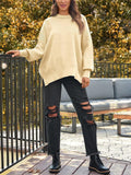 Women's Batwing Sleeve Side Slit Ribbed Crewneck Sweater