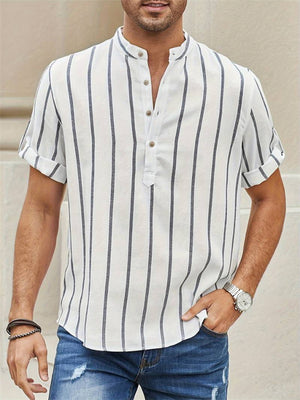 Men's Vertical Stripe Stand Collar Short Sleeve Shirt for Holiday