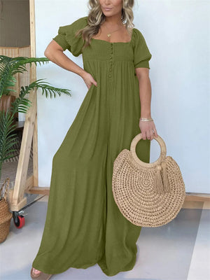 Bubble Short Sleeve Casual Pleated Jumpsuit for Women