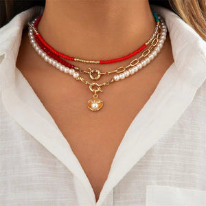 Women's 3Pcs/Set Bohemian Red Beads Imitation Pearls Pendant Necklaces