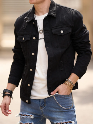 Male Hard-wearing Streetwear Ripped Denim Jacket