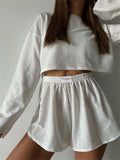 Summer Hollow Out Long Sleeve Cropped Tops + Hot Shorts for Women