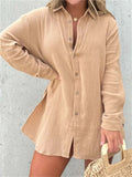 Female Long Sleeve Shirt High-Rise Shorts Wrinkled Set