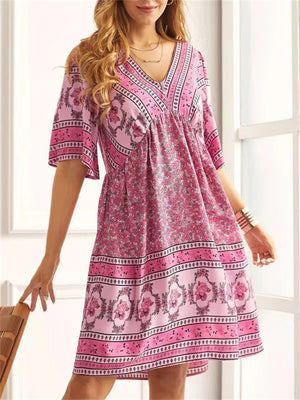 Ladies Ethnic Style Print V-Neck Knee-Length Dresses