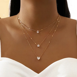 Female 3pcs/Set Star Heart Rhinestone Pendant Necklaces