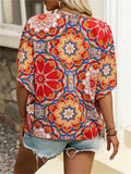 Women's V-Neck Batwing Sleeve Ethnic Floral Printed Blouse