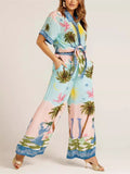 Female Coconut Tree Sunrise Sea Print Hawaiian Holiday Set