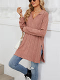 V Neck Striped Texture Side Split Fitted Shirt for Women