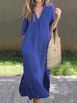 Ladies Casual Side Slit V-Neck 3/4 Sleeve Plain Dresses