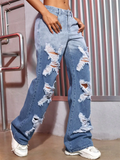 Ladies X Shaped Ripped Gradient Color Jeans