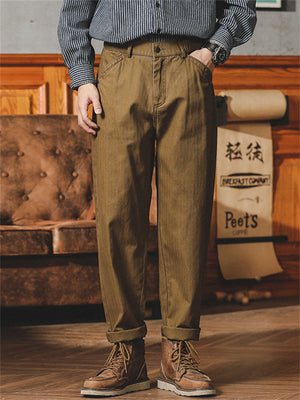 Vintage Mid-Rise Solid Color Tapered Pants for Men