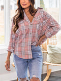 Loose Ultrathin Lapel Long Sleeve Plaid Blouses for Women