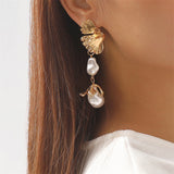 Baroque Style Irregular Pearl Ginkgo Leaf Earrings for Lady