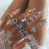 Women's 13Pcs/Set Blue Crystal Silver Hollow Flower Crown Rings